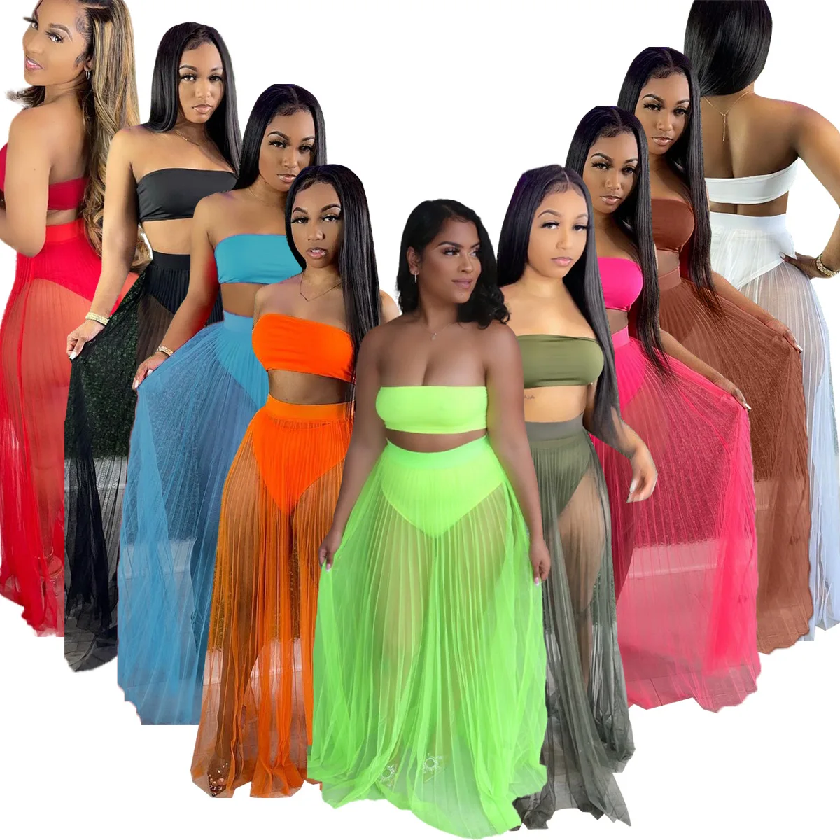 

Wholesale Strapless Crop Top Set 2 Piece Set Women Dresses Sheer Go Through Transparent Sexy Fashion Two Piece Skirt Dress Set, Picture