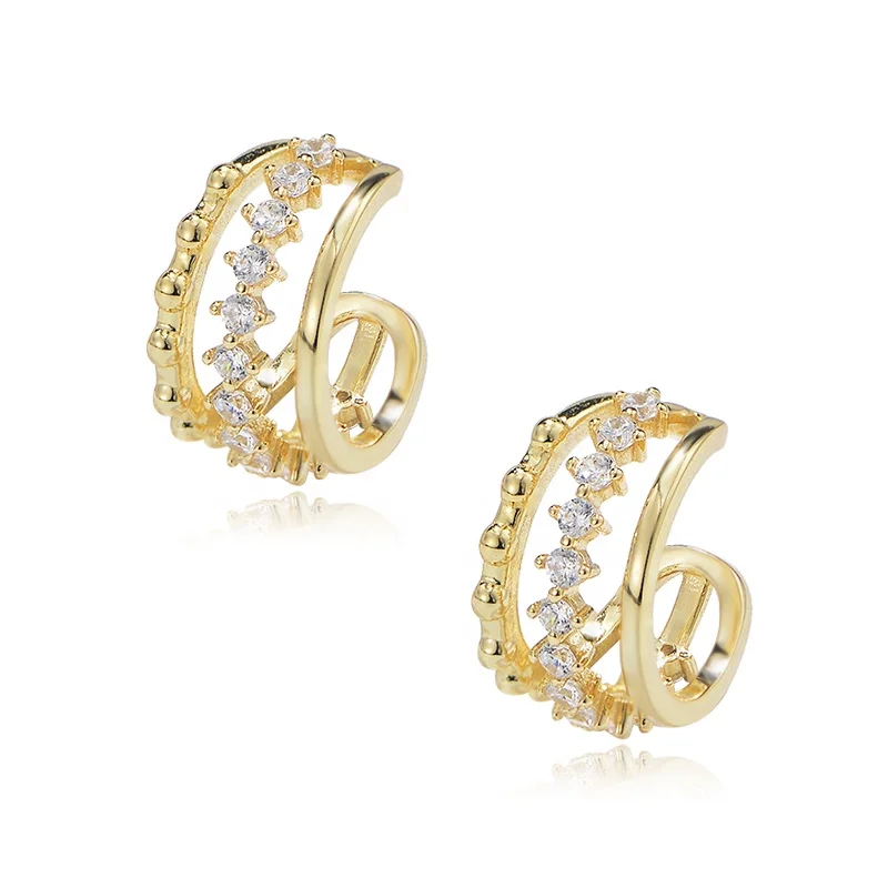 

Fashion Three Stripes jewelry psj S 925 Sterling silver 14k gold plated bling Cubic Zirconia Cuff Earrings for women girls