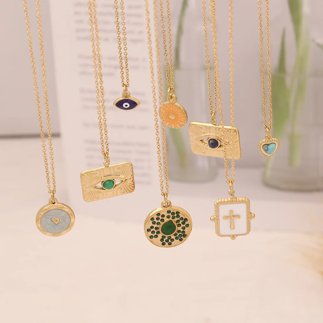 

New Retro Ethnic Style Square Oil Dripping Cross Gold Sun Star Necklace Color Enamel Eye Heart Stainless Steel Pendant Necklaces