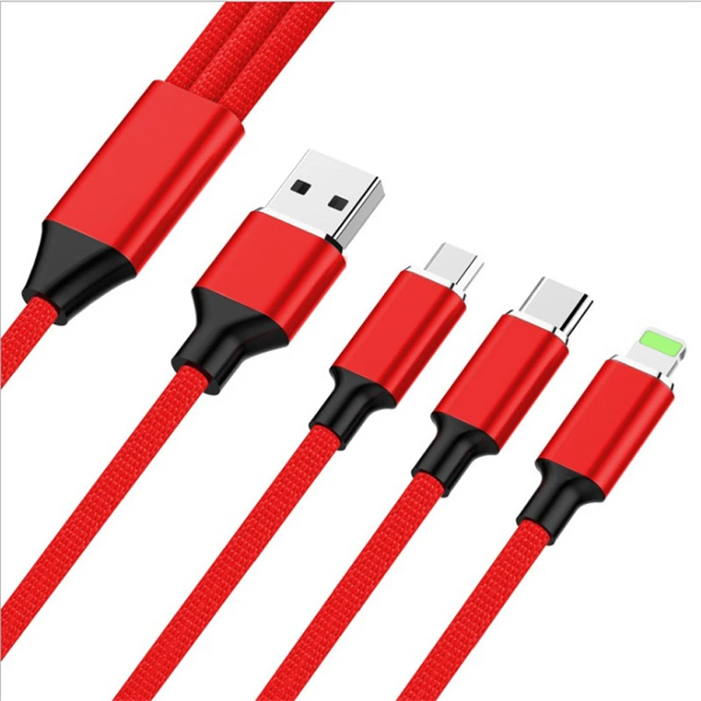 

1.2 Meters Nylon Knit Copper Core 3 in 1 USB Charging Cable Line for Universal Phone Usage, Black,red,blue