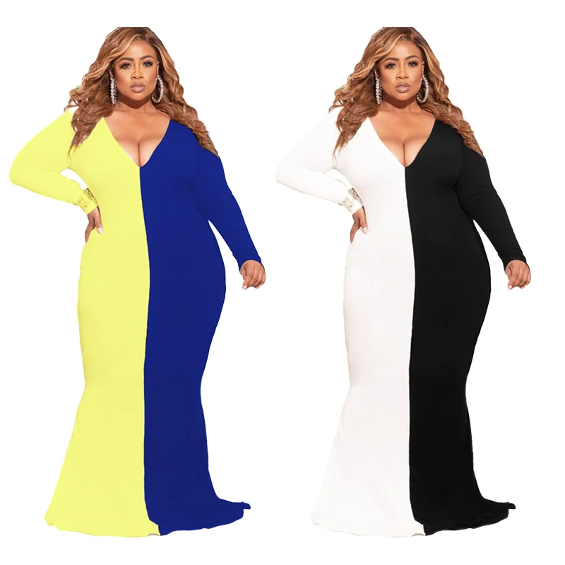 

2021 Fall Clothing Long Sleeve Color Block Womens Plus Size Maxi Clothes Dresses