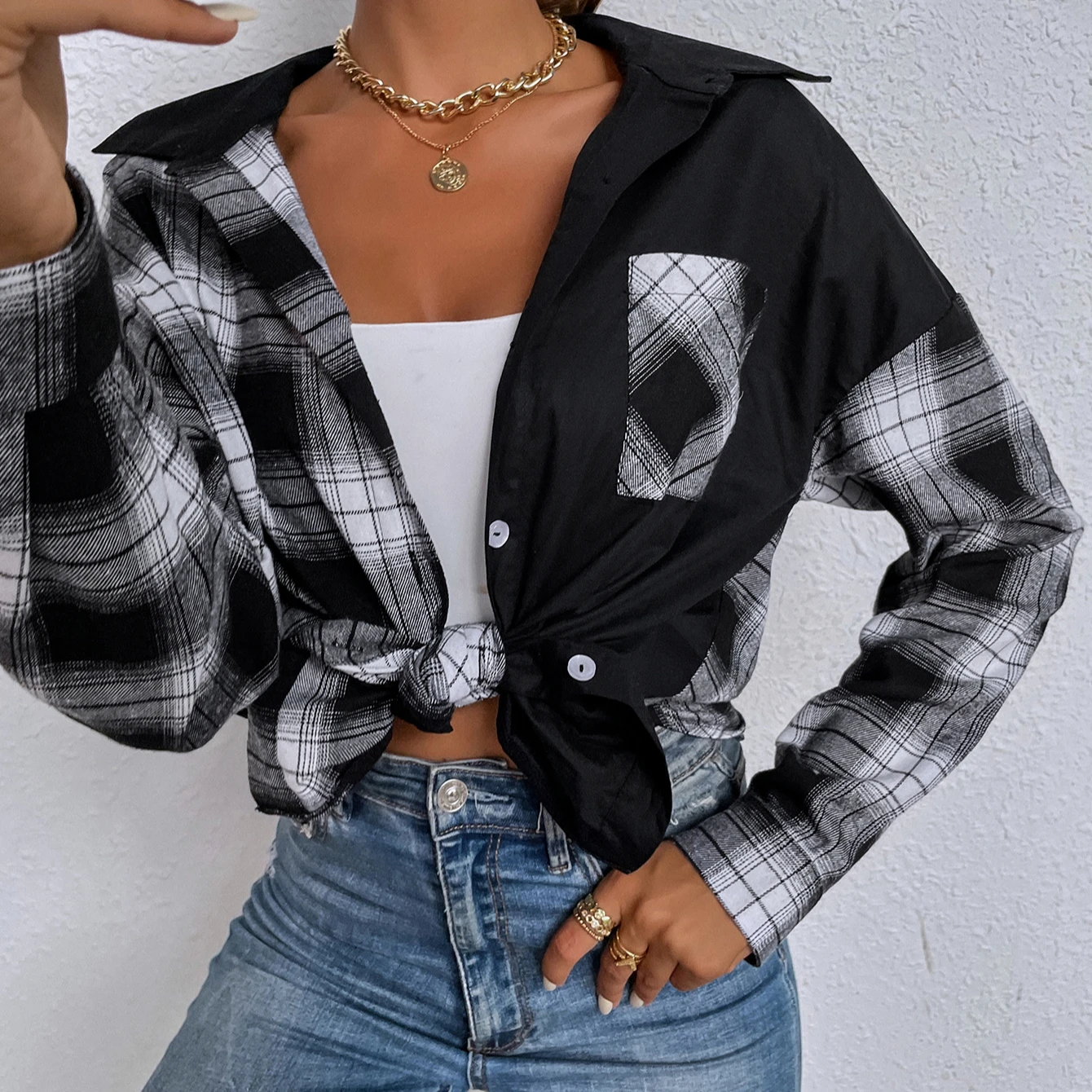 

PRETTY STEPS 2021 New Autumn Hot Sale Amazon Drop Shipping Plaid Patch Button Down Shirts Checkered Casual Shirs
