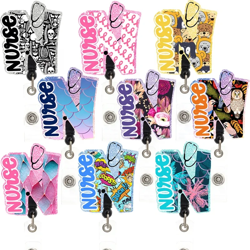 

Wholesale Acrylic Stethoscope Nurse Badge Reel For Nurse Accessories Plastic Animal Flower Ribbon Skeleton Badge Holder