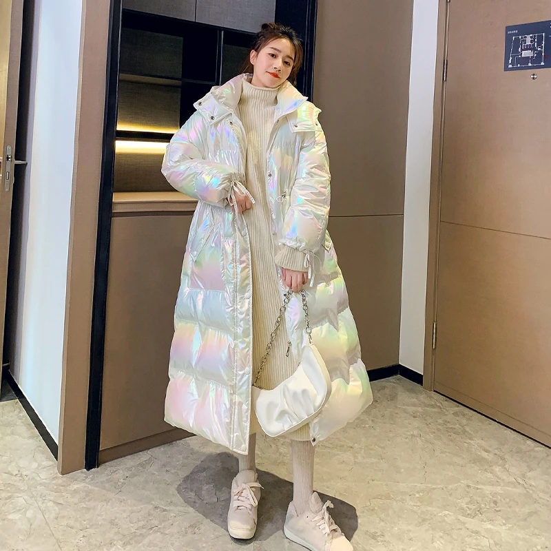 

2021 Winter shiny coat women waterproof loose urban down coat maxi long elegant wear shiny puffer jacket women, Picture color