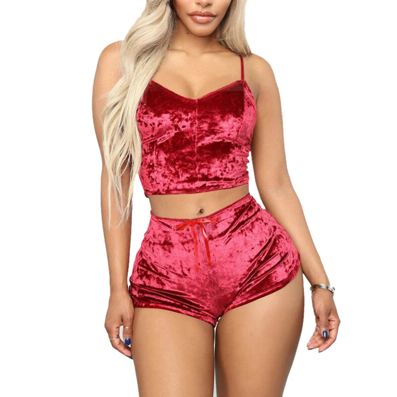 

Women Sexy Velvet Pajama Sets Ladies Lace V-Neck Crop Tops Shorts 2Pcs Sleepwear Lingerie Pajamas Sets, As the picture
