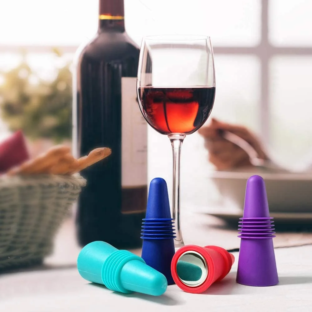 

Premium Reusable Wine Bottle Stoppers, 4 PACK Colorful Silicone + Stainless Steel Wine Stopper, Beverage Bottle Stoppers, Customized color