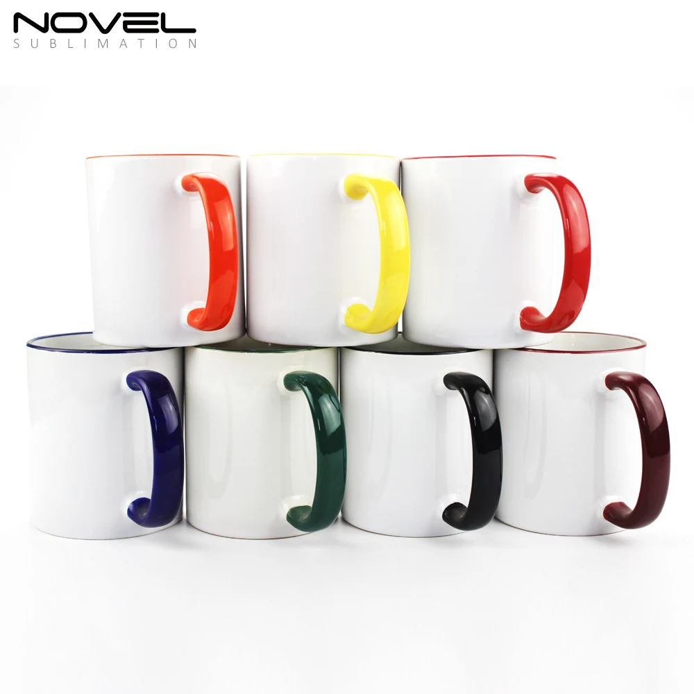 

11oz Sublimation Ceramic Colored Rim & Handle Coffee Mug, Or/rd/yw/rb/br/bk/gn/