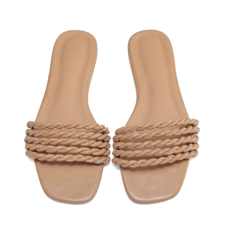 

2021 New Arrival Retro Street Casual Ladies Slippers Brown Square Toe Open Toe Braided Belt Non-Slip Women Flat Slippers