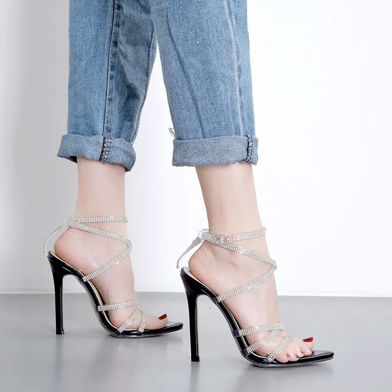 

2021 New Style Sandals Women Fashion Transparent Belt Luxury Rhinestone Pointed Toe Stiletto Sandals