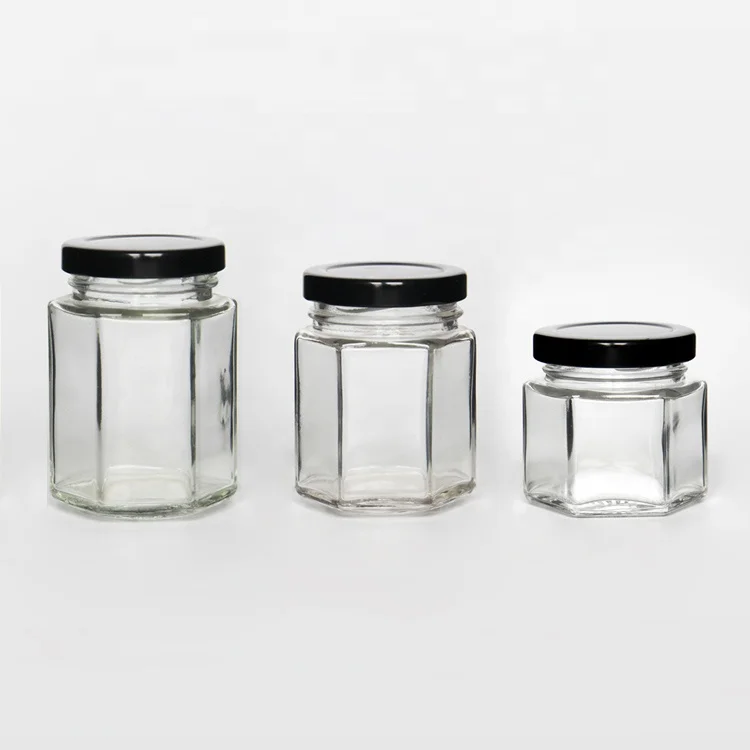 

Vanjoin high quality 45ml 100ml 180ml 380ml 500ml 730ml hexagon glass honey jam jar with metal lid, Clear, transparent,customized