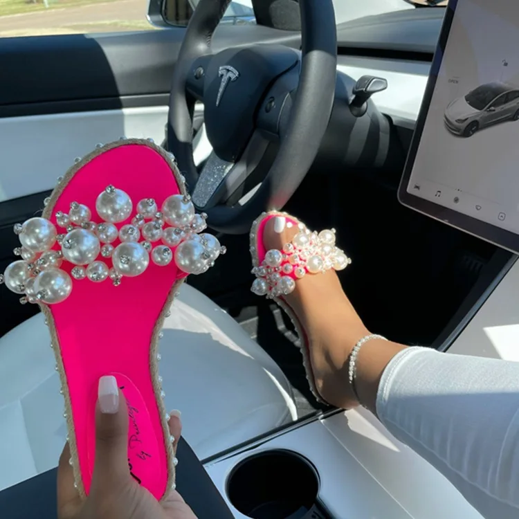 

2021 New Women Summer Flat Pearl Sandals Fashion Pearl Woman Sandals Solid Color Outdoor Shoes Plus size, 4 kinds of color