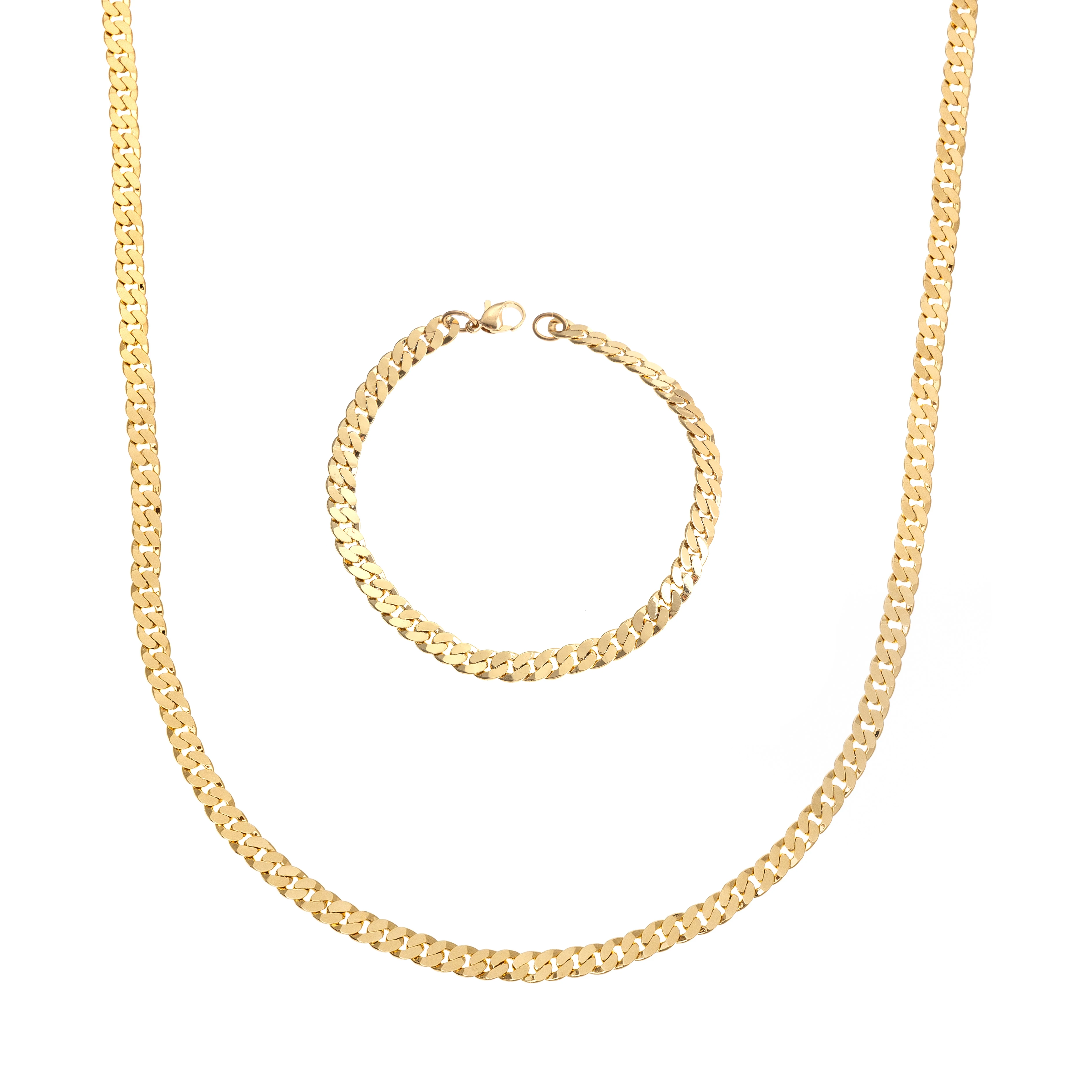 

18K Gold Plated Flat Curb Chain Men's Necklace and Bracelet Pack Jewelry Set