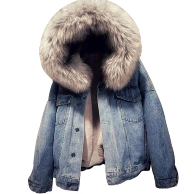 

2019 Winter Women Denim Coat With Hood Fur Collar Outwear Denim Wool Jacket