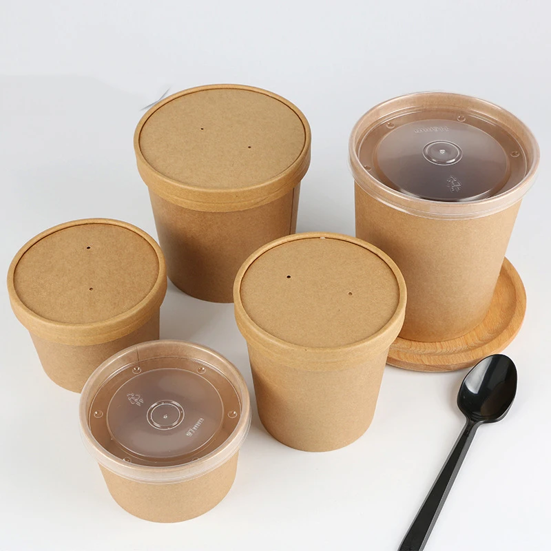 

RTS Custom Printed 16oz Disposable PE Coated Kraft Paper Soup Cup Food Container Packing Instant Noodle Paper Cup Bowl With Lid