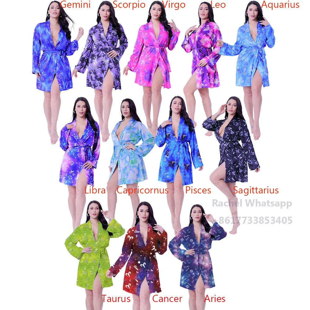 

2021 new 12 zodic signs satin robe women softy night gown pajamas constellation silk pijama pink satin dress women robes, 6 colors