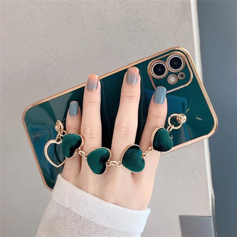 

Love Heart Fabric Bracelet Hand Holder Phone Cases for iPhone 12 11 Pro Max Luxury Plated Gold Electroplated