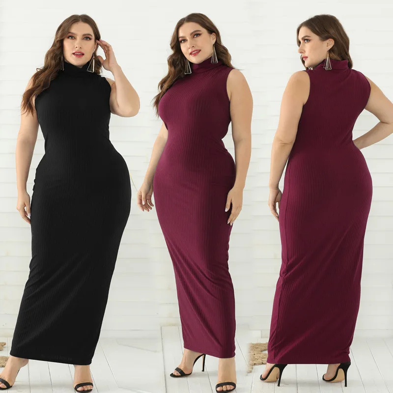 

New Design Large Size Sleeveless High Waist Solid Color Stretchy High Neck Bodycon Dresses, Accept custom color