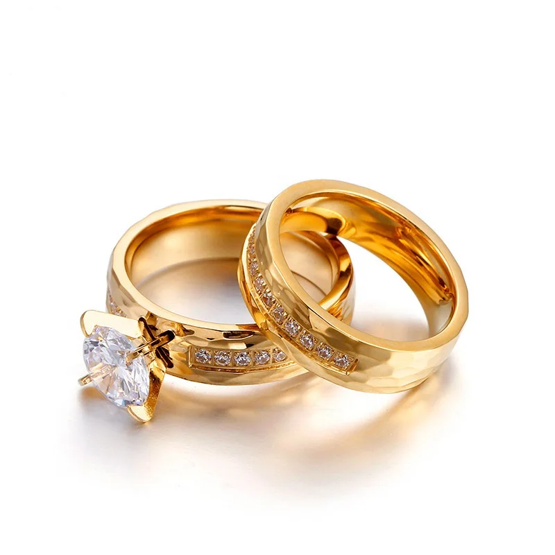 

Fashion Classic Round 18K Gold Stainless Steel Zircon Couple Women Charm Luxury Wedding Ring