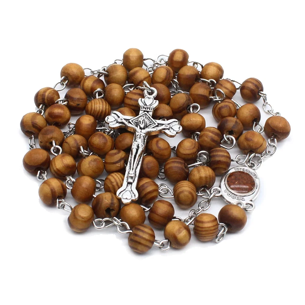 

Pine Wood Beads Rosary Necklace Wooden Cross Prayer Beads Catholic Church Reilgious Promotion Gift