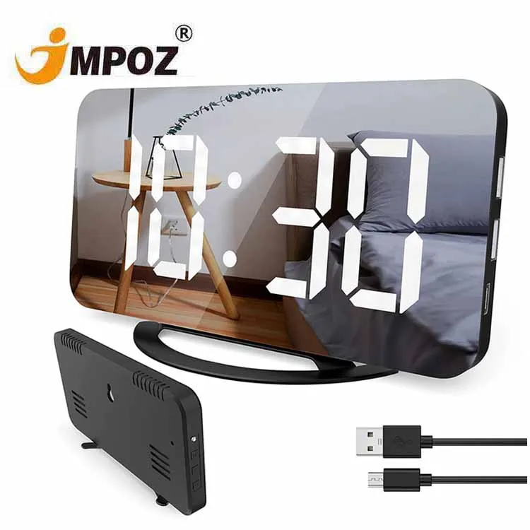 

Creative Multifunctional USB Charging Big Digital Mirror Table Alarm Clocks Intelligent LED Desktop Snooze Electronic Time Clock, White, black