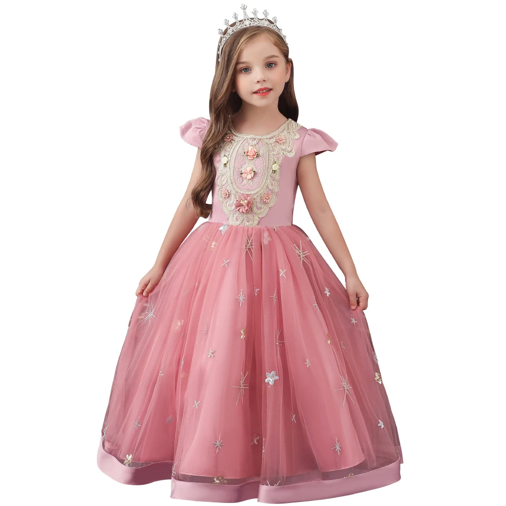 

High end long style dress for girl wedding kids crew neck embroidered flower kid dress for party 2-12 years old