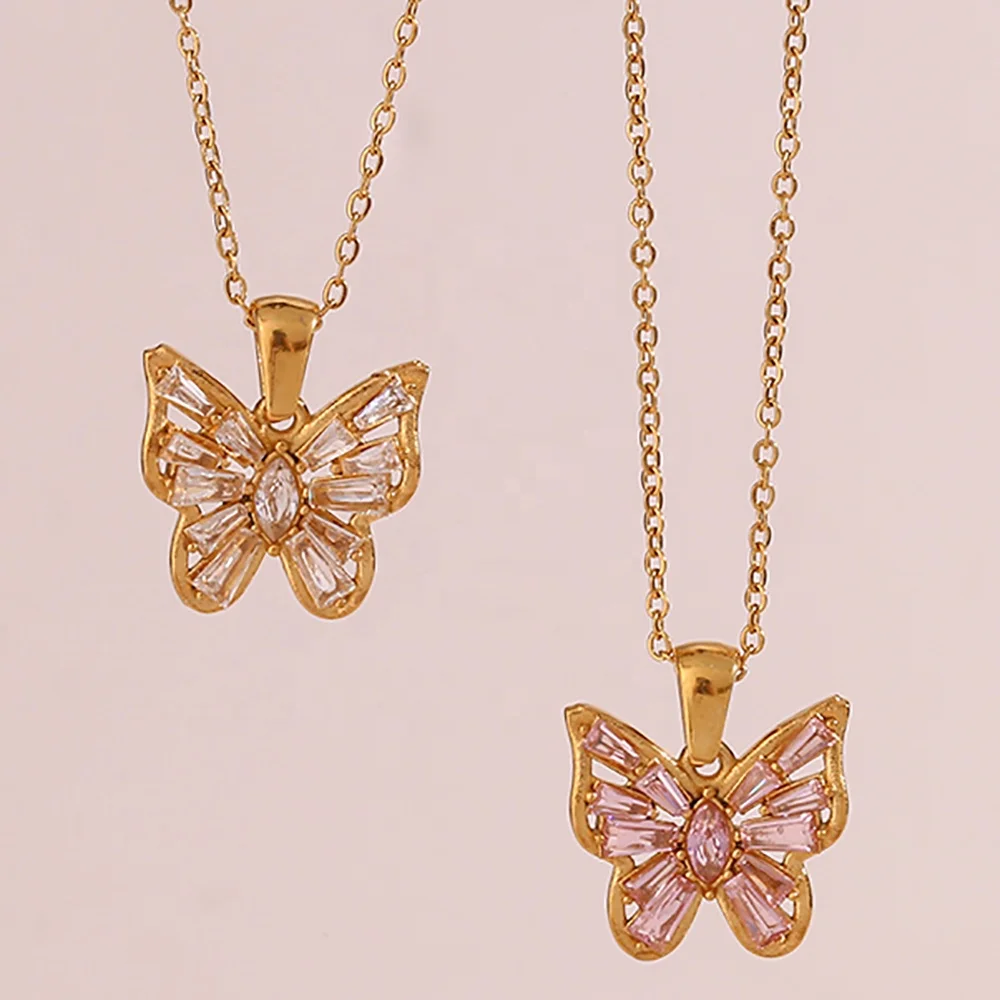 

Waterproof Gold Plated Jewelry Stainless Steel Cute Zircon Butterfly Pendant Necklace Stainless Steel Jewelry Custom