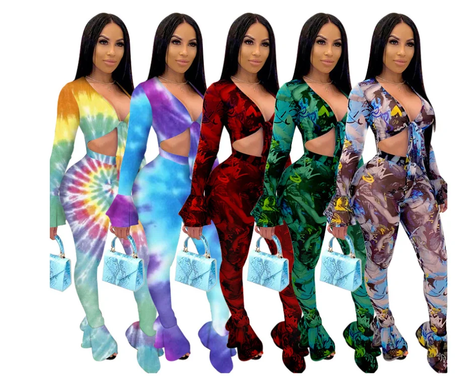 

New Long Flare Sleeve Women Two Piece Jogger Set Bandage 2 Piece Set Women Sexy Crop Top Woman Printed Fall 2 Piece Suits