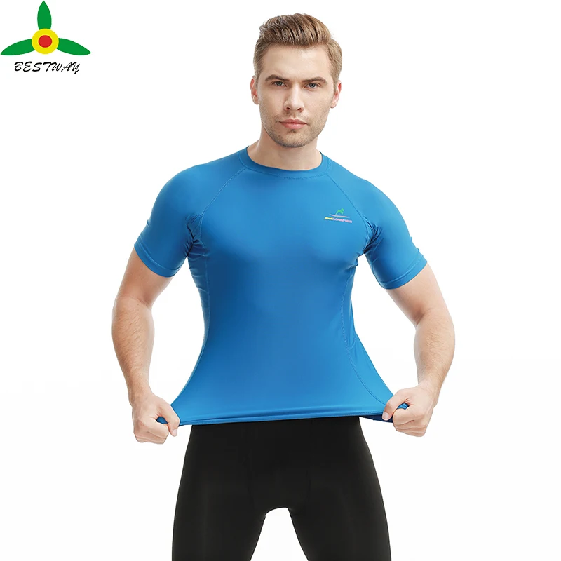 

2020 High Quality Short Sleeve Men Swimming Surfing Rash Guard Blue Compression Tops Wholesales Rashguard, Customized color