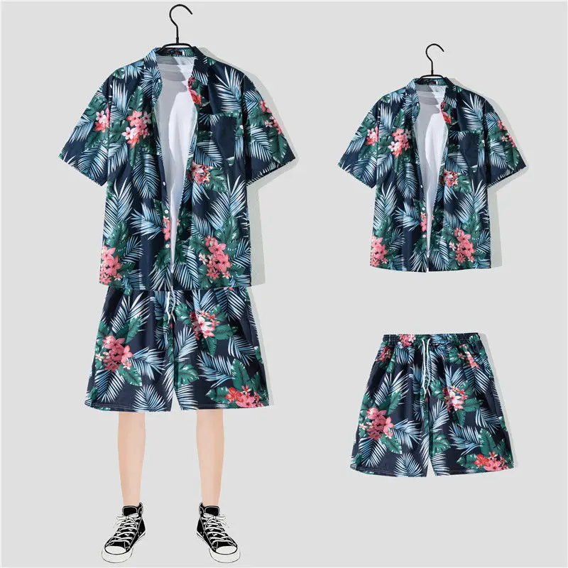 

man summer Short sleeved two pieces hawaii Mens beach shorts Floral Shorts Shirts Set men's 2 pieces beach sets