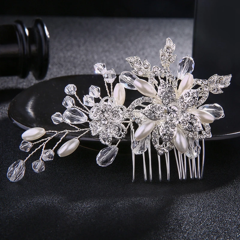 

Handmade Alloy Flower Rhinestone Crystal Beaded Pearl Hair Comb Fancy Wedding Bridal Headpiece Accessories Side Hair Comb, Silver
