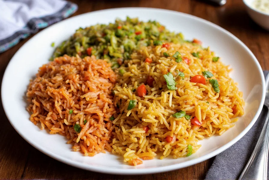 Colorful platter featuring three different styles of cumin rice from Indian, Mexican, and Middle Eastern cuisines