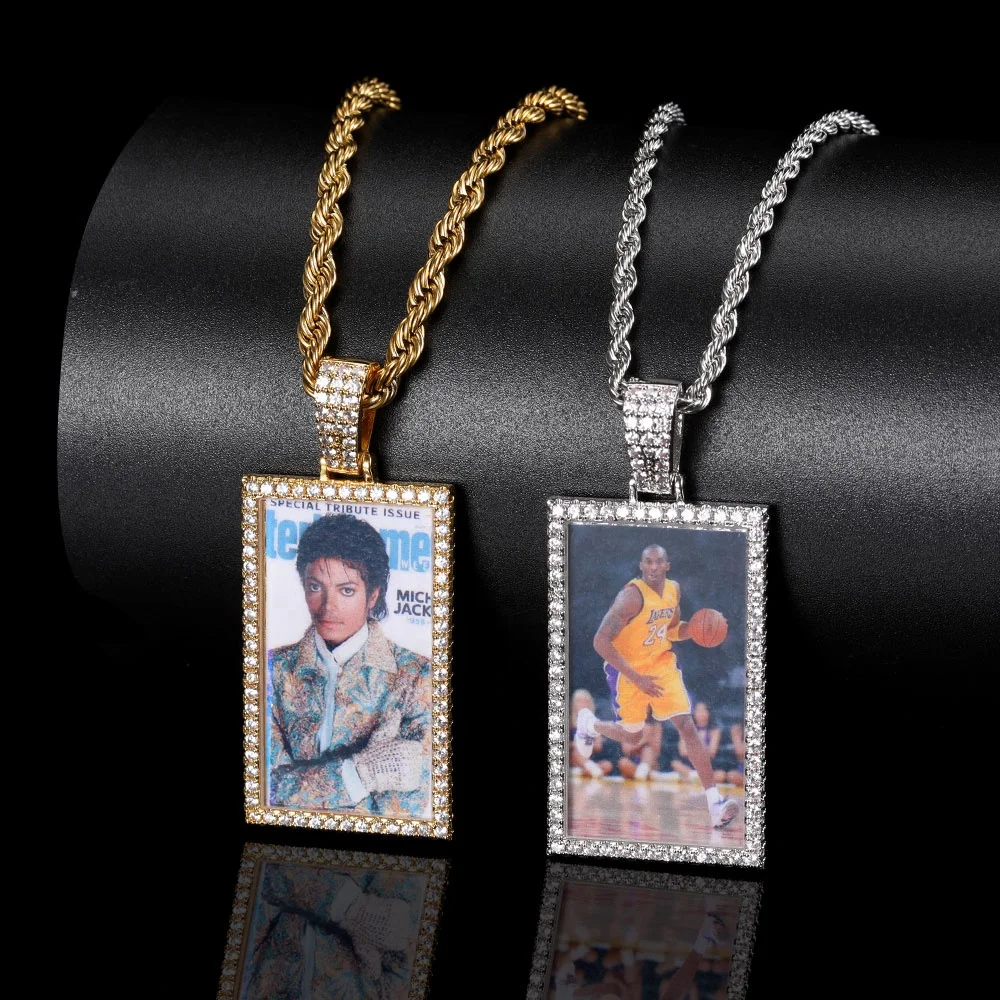 

Hip Hop Picture Customized Necklaces Rectangle Iced Out Personalized Photo Necklace, Gold/platinum color