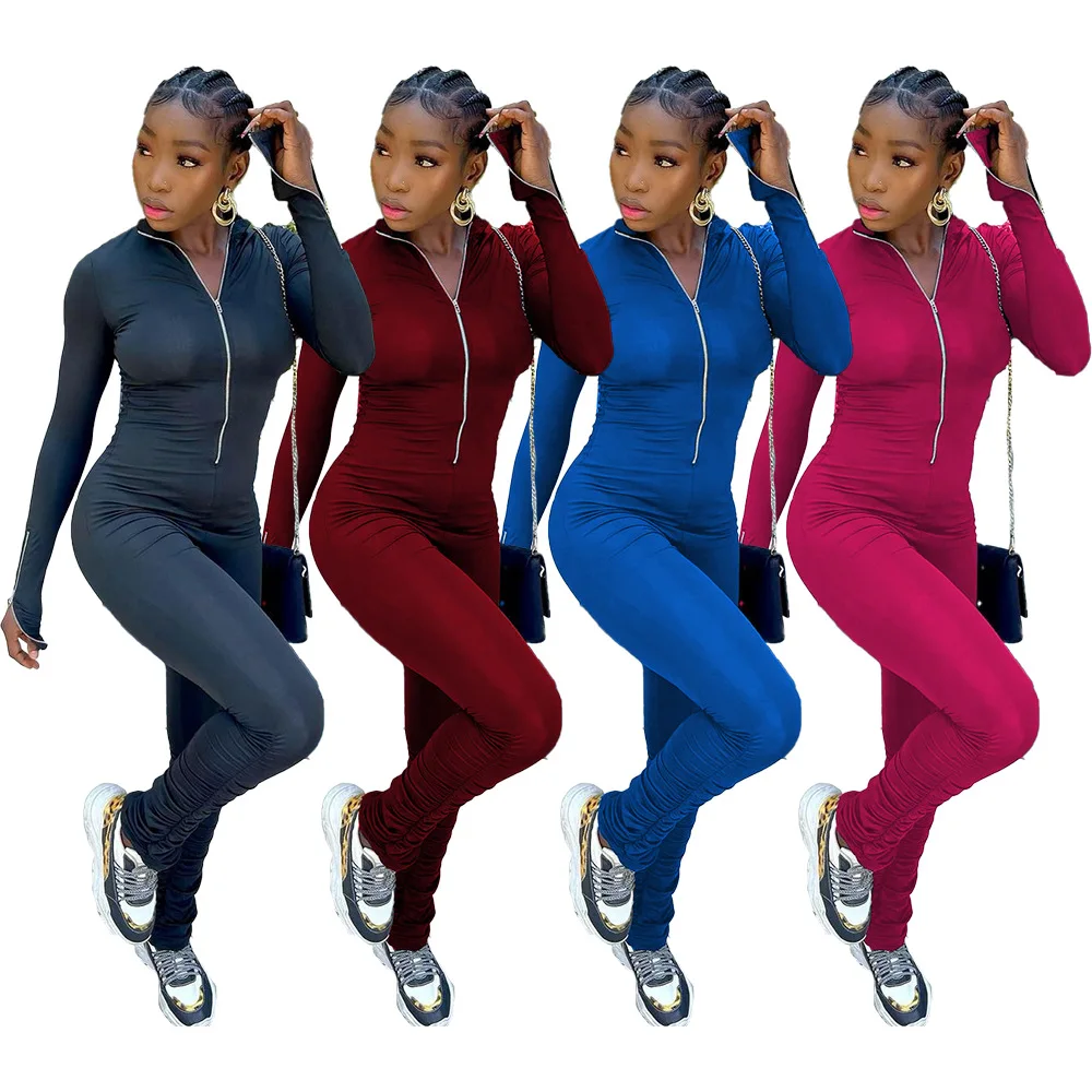 

EB-20092501 2021 Fall Winter Women One Piece Jumpsuit Stacked Pants Overalls Sportswear Women Flare Jumpsuits