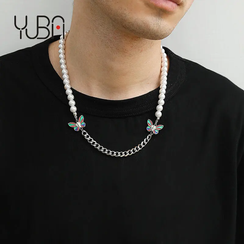 

Hot Sale HipHop Cuban Link Chain Stainless Steel Pearl Necklace Simple Butterfly Necklace For Men Women