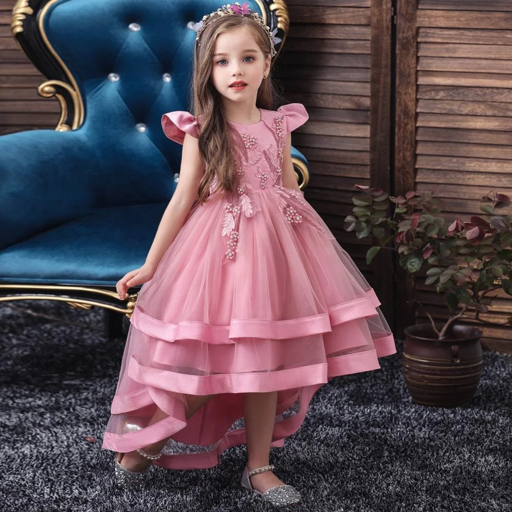 
Little Princess Girls Dress for Wedding Birthday Party with Train Size 2-14 Years Hight Low Embroidery Bead Dress 