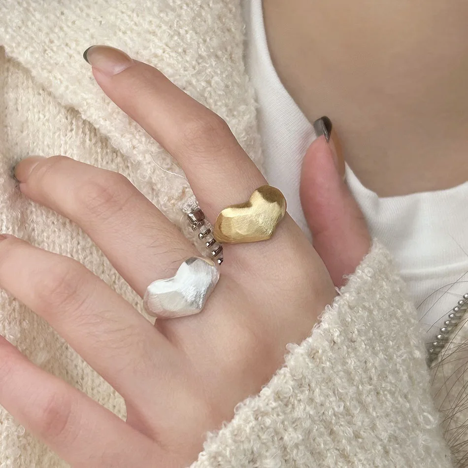 Elegant 925 Sterling Silver Geometric Brushed Heart Shape Open Rings for Women Fashion Jewelry