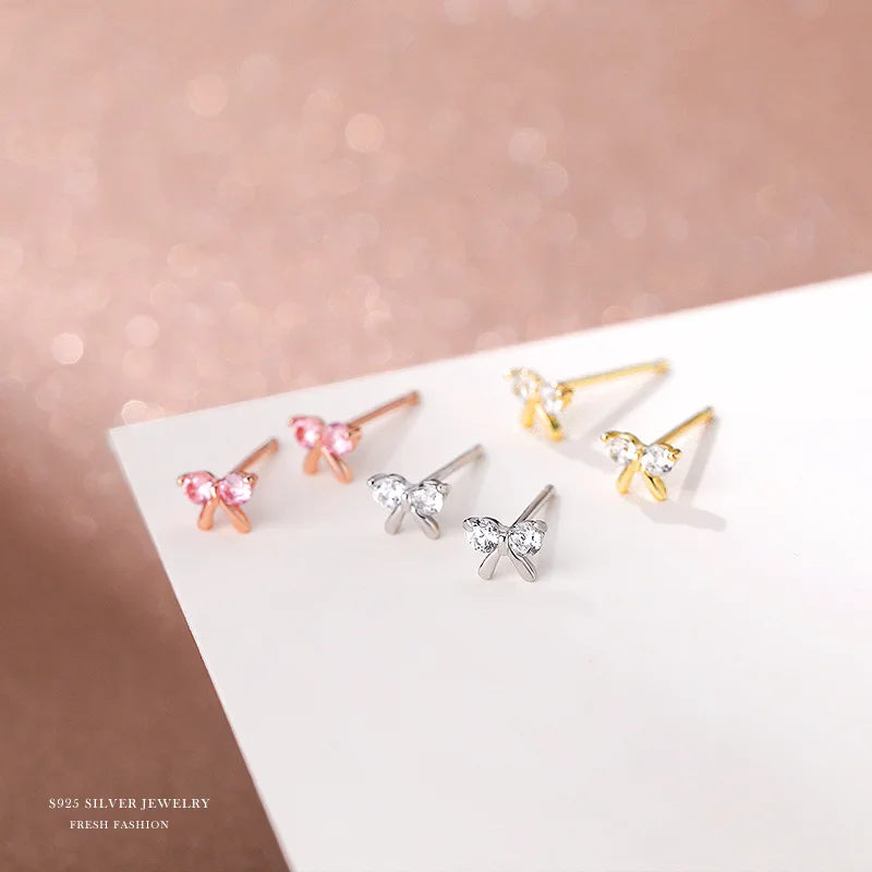 

Newest Arrival Sterling Silver Micro Pave CZ Bow Knot Stud Earring S925 Pink Cubic Zircon Butterfly Earring For Women Girl