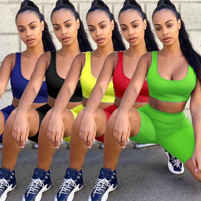 

clothing vendors 2 Piece Set Women Crop Tops And Biker Shorts Sweat Suits Sexy Yoga Wear Outfits Casual Tracksuit Matching Sets