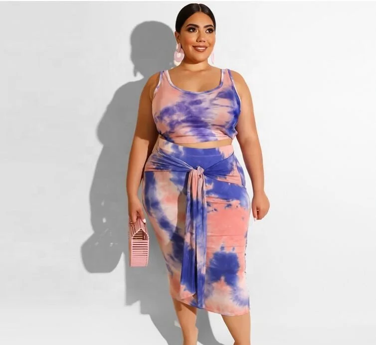 

Tie Dye Women Set skirt two piece set women's plus size clothing in Stock, Pink/orange/blue