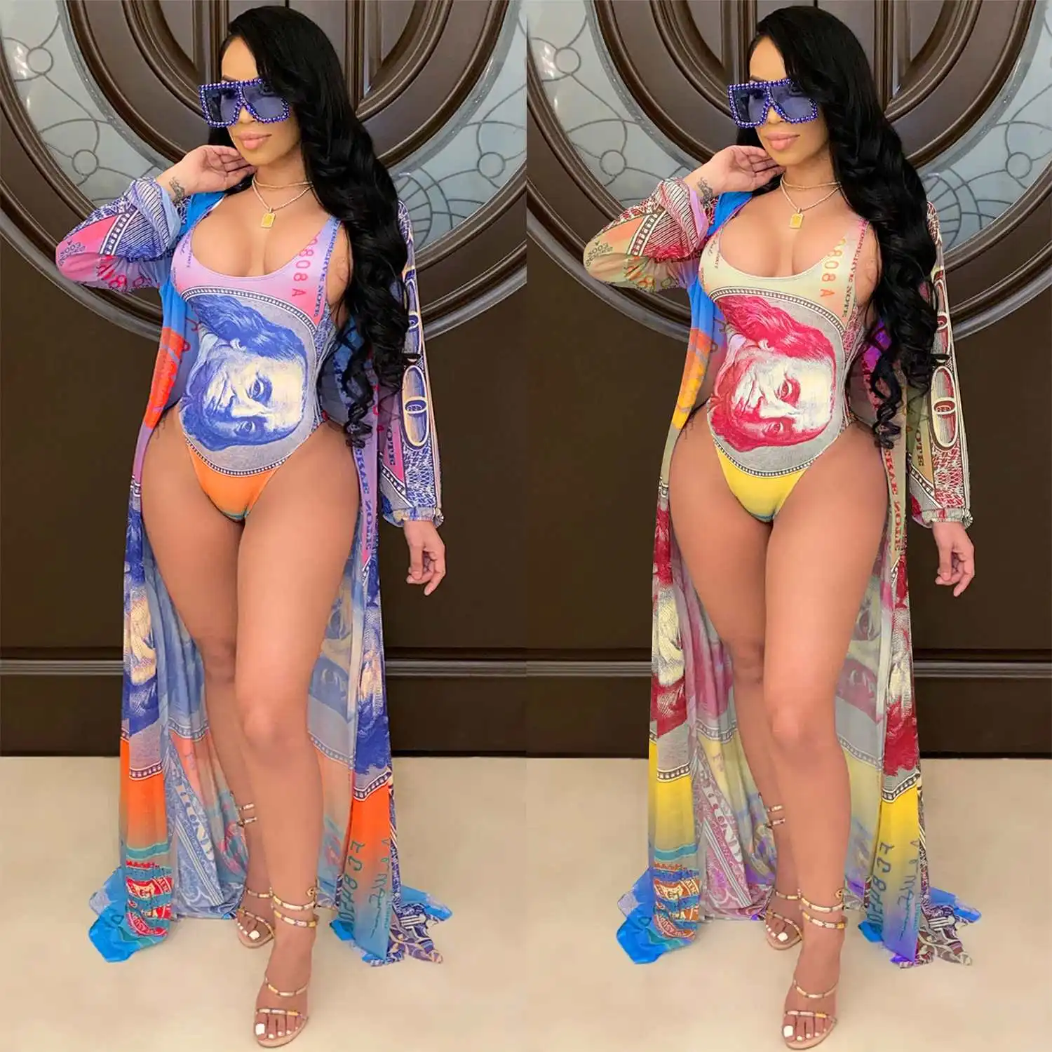 

2021 Latest Design Sexy Bikini Three Piece Cover Up Money Pattern Beach Dress Women Swimwear Bathing suit