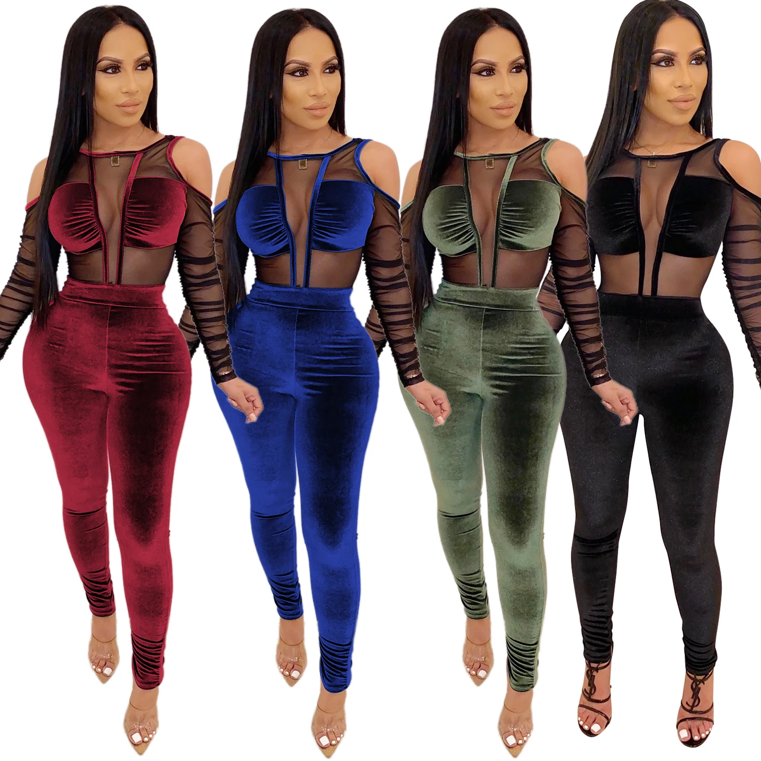 

Transparent Velvet Suede Long Sleeve Two 2 Piece Set Fall For Women Clothing, Picture