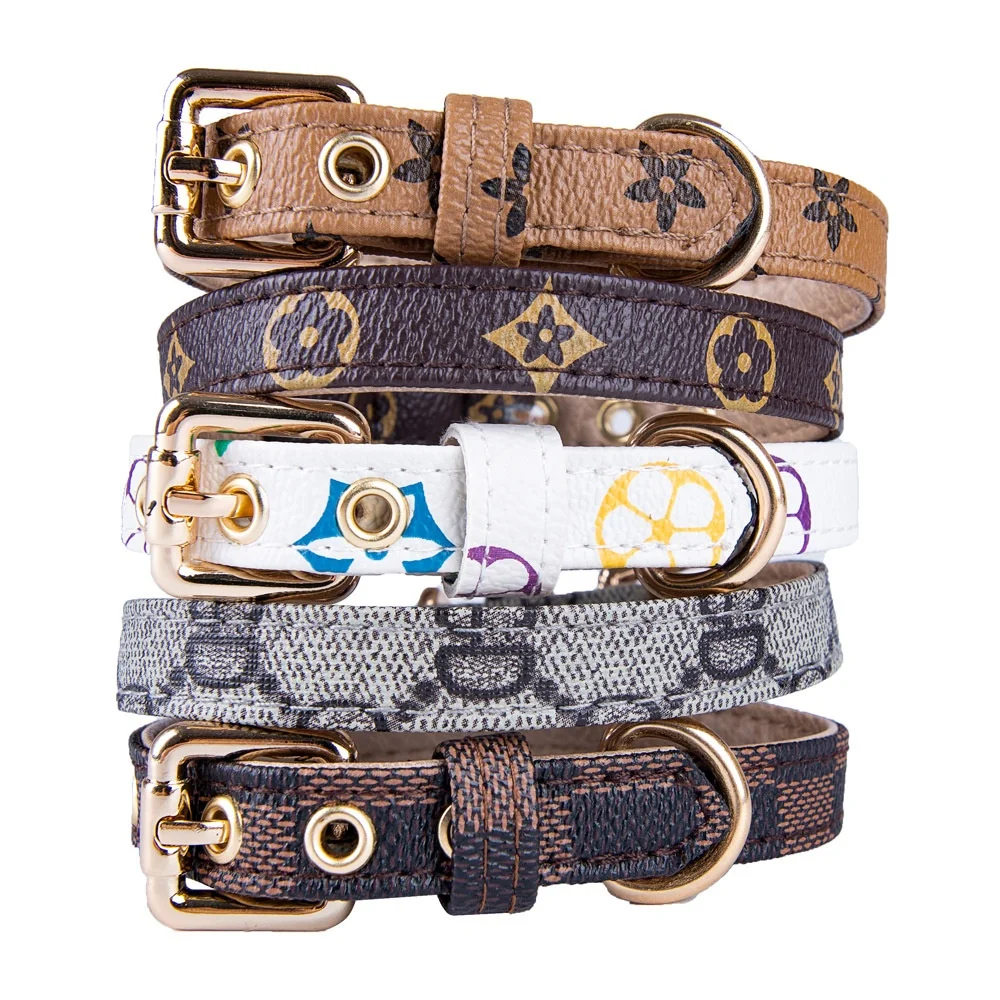 

Designer Luxury Large Small Big Dog Collar PU Leather Dog Collars Classic Printing Designer Dog Collar Leash Set, 5 colors