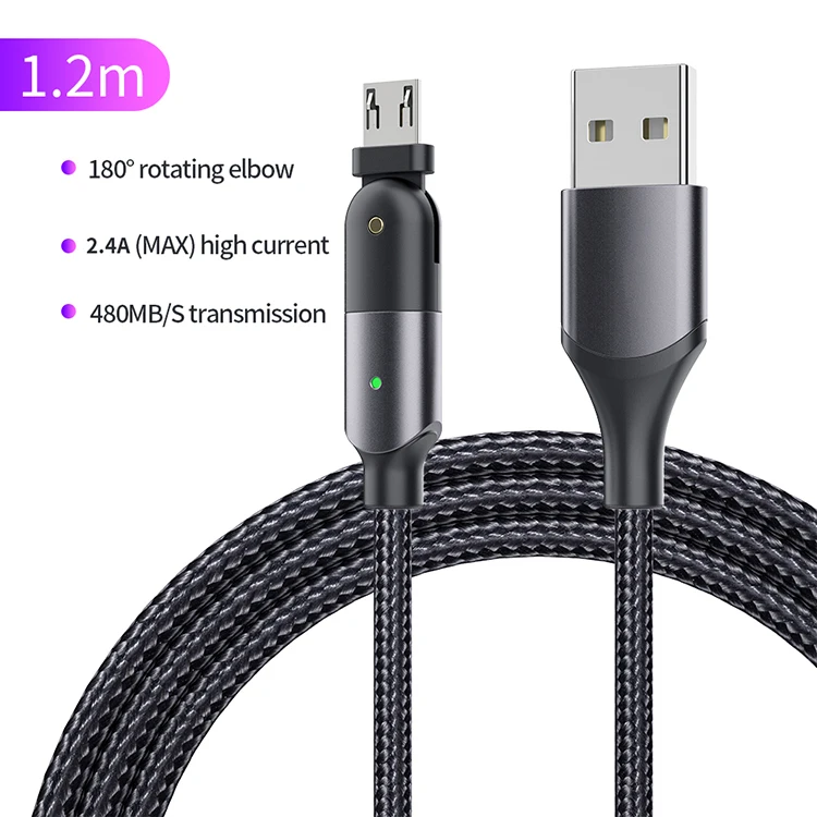 

Wholesale High Quality Super Flexible Colored 2.4A 180 Degree Rotating Charging Data Micro Usb Cable 1.2M for Android smartphone