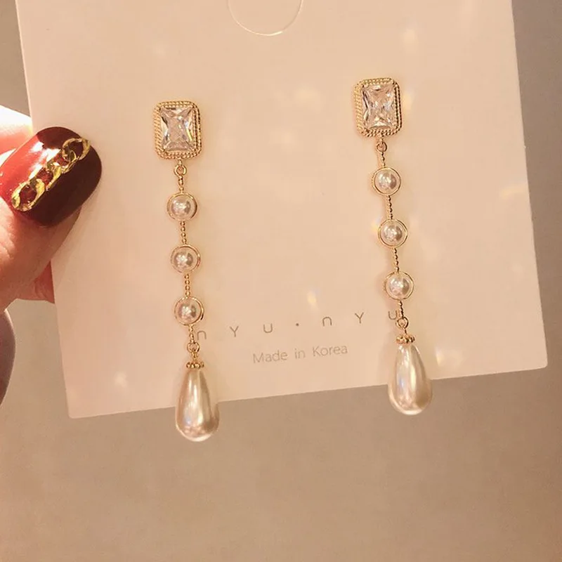 

Korean New Design S925 Geometric Square Crystal Pearl Long Drop Earrings Waterdrop Pearl Drop Earring For Girls