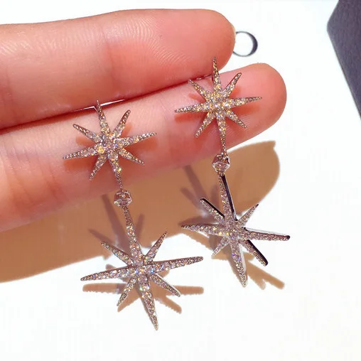 

New Korean Fashion Silver Color Stars Drop Earring Exquisite Women Jewelry Super Flashing Rhinestones Snowflake Earrings, Picture shows