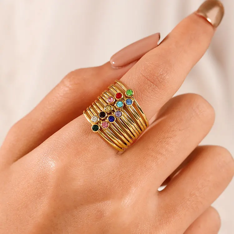 

Wholesale Stackable Thin Gold Stainless Steel Finger Rings Dainty 2mm Colorful Diamond Birthstone Rings Birthday Gift for Women