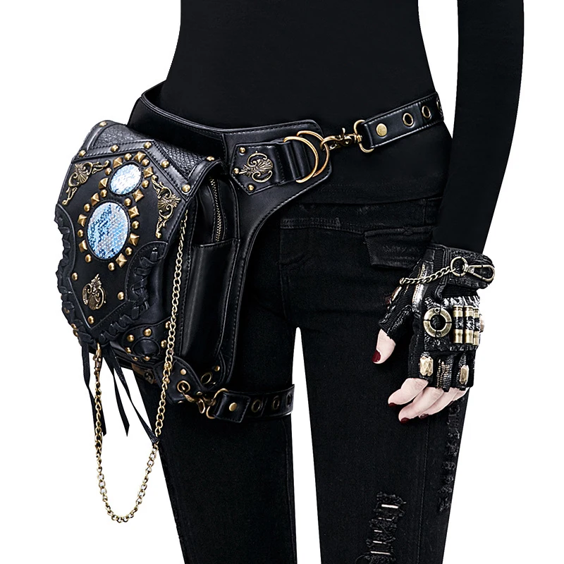 

Retro Punk Women Hiking Waist Bag Womens High Quality PU Leather Travel Leg Bags Waistbag Messenger Bag