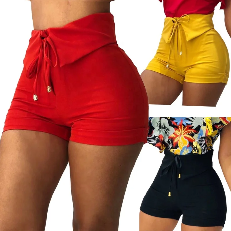 

2021 Factory Direct Hot Sale Drawstring Design Summer Red Color High Waist Women Short Pants Solid Color Casual Lady Shorts
