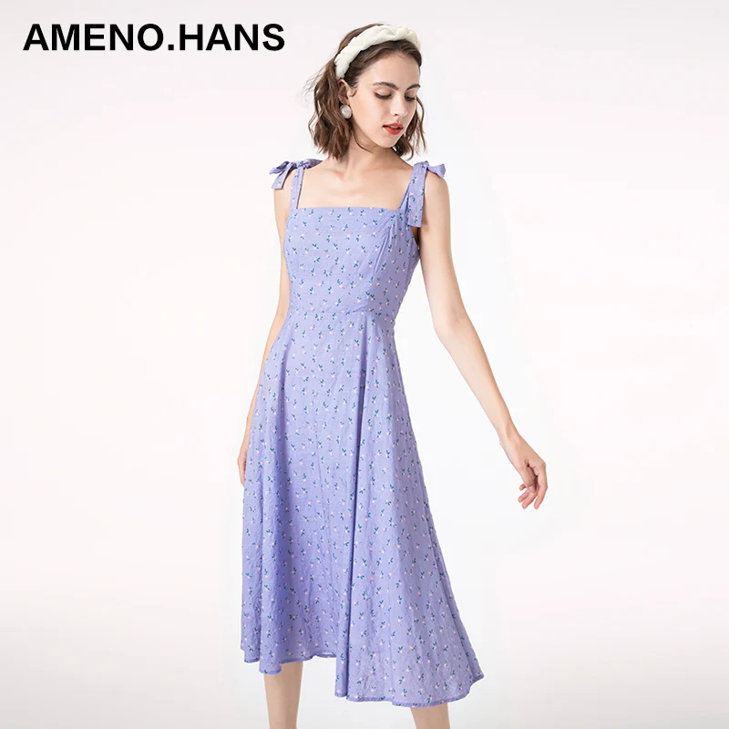 

New Casual Sleeveless Lace Up Strap Bow Floral Dress Summer Dresses Women Midi Dress, Light purple