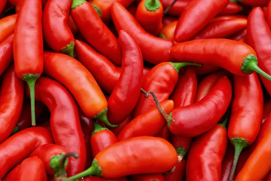 Close-up view of red chili peppers showing different varieties and heat levels